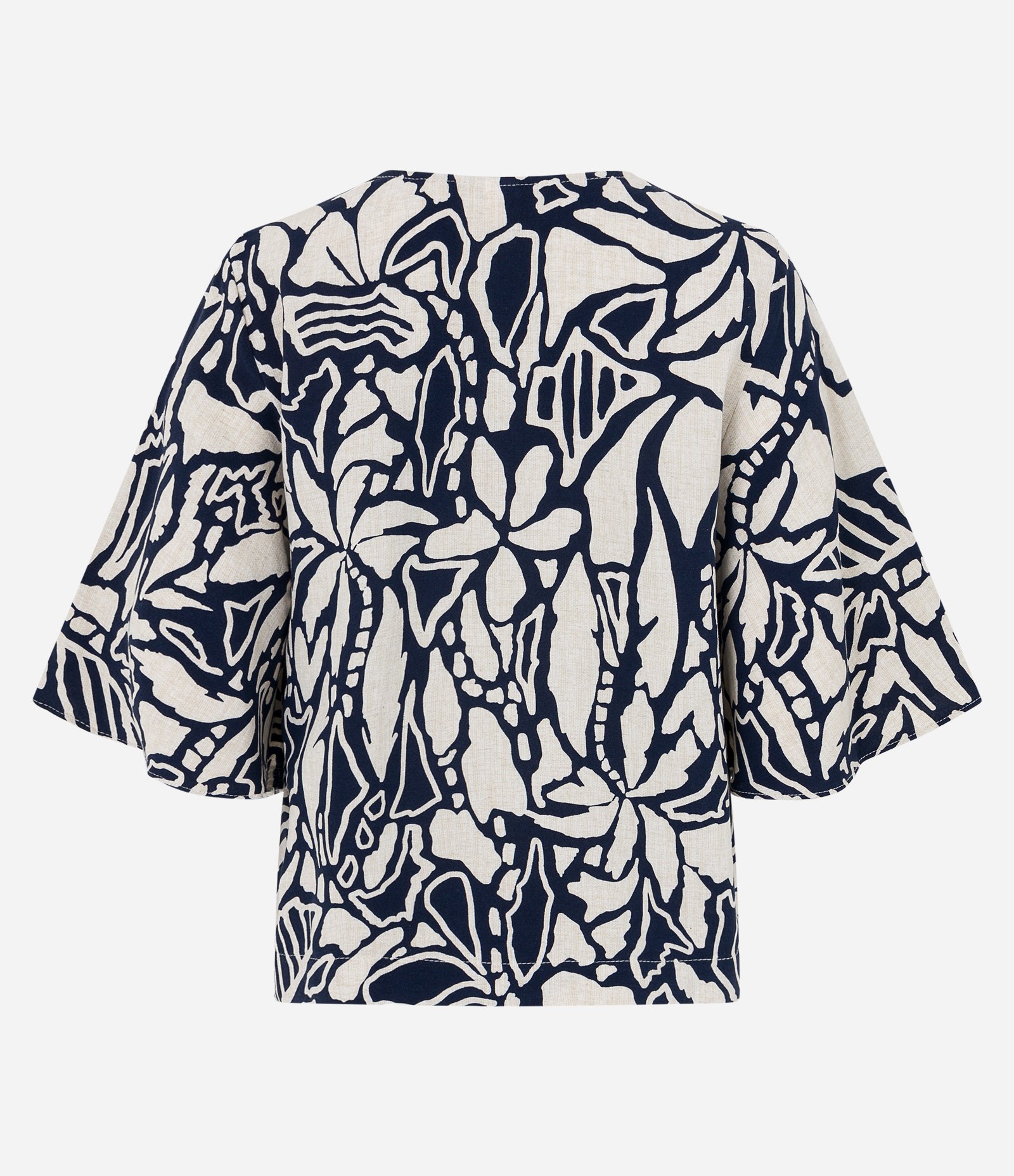 Blusa em Viscolinho com Manga Ampla e Estampa Folhagem Contrastante Azul/ Branco 9