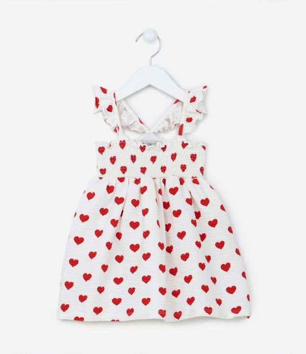 Vestido Infantil com Alças de Babados e Estampa de Corações - Tam 1 a 5 anos Branco 1