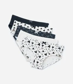 Kit 05 Calcinhas em Algodão com Estampa Estrelas e Corações - Tam 2 a 14 anos