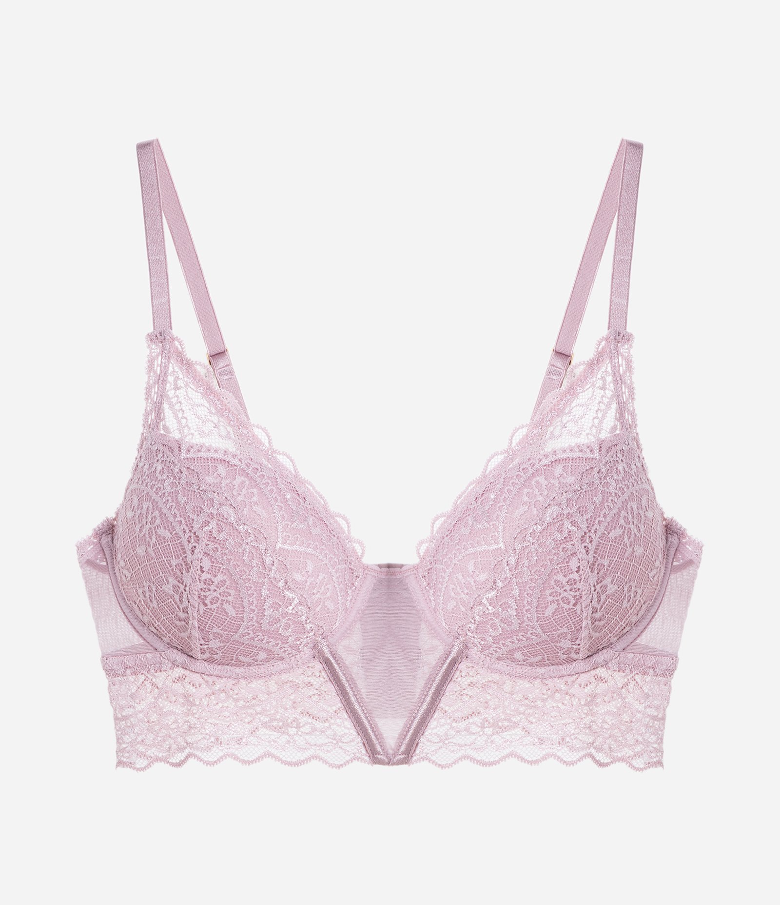 Sutiã Alongado em Renda Floral com Bojo e Detalhes em Tule Lilás 5