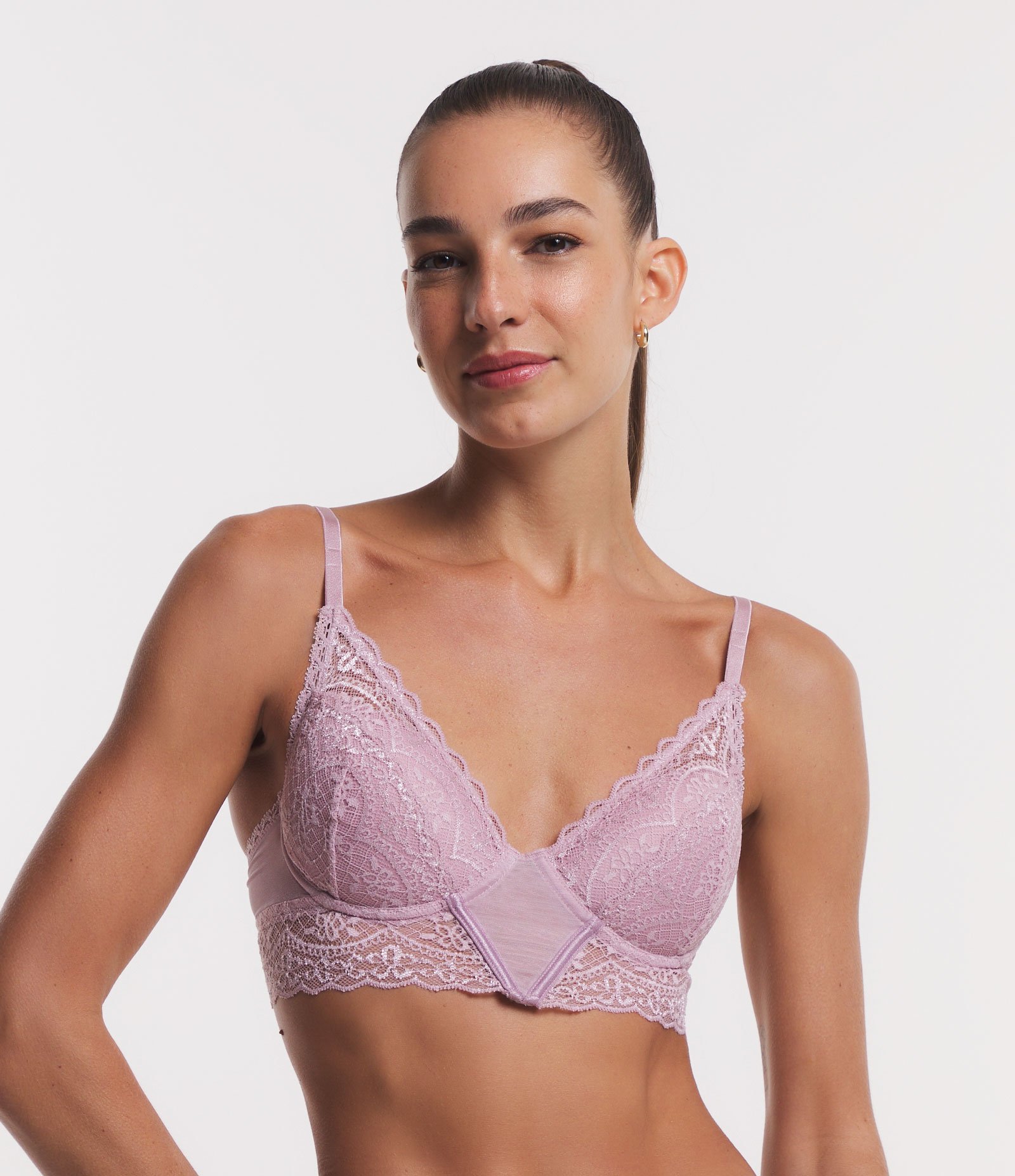 Sutiã Alongado em Renda Floral com Bojo e Detalhes em Tule Lilás 1