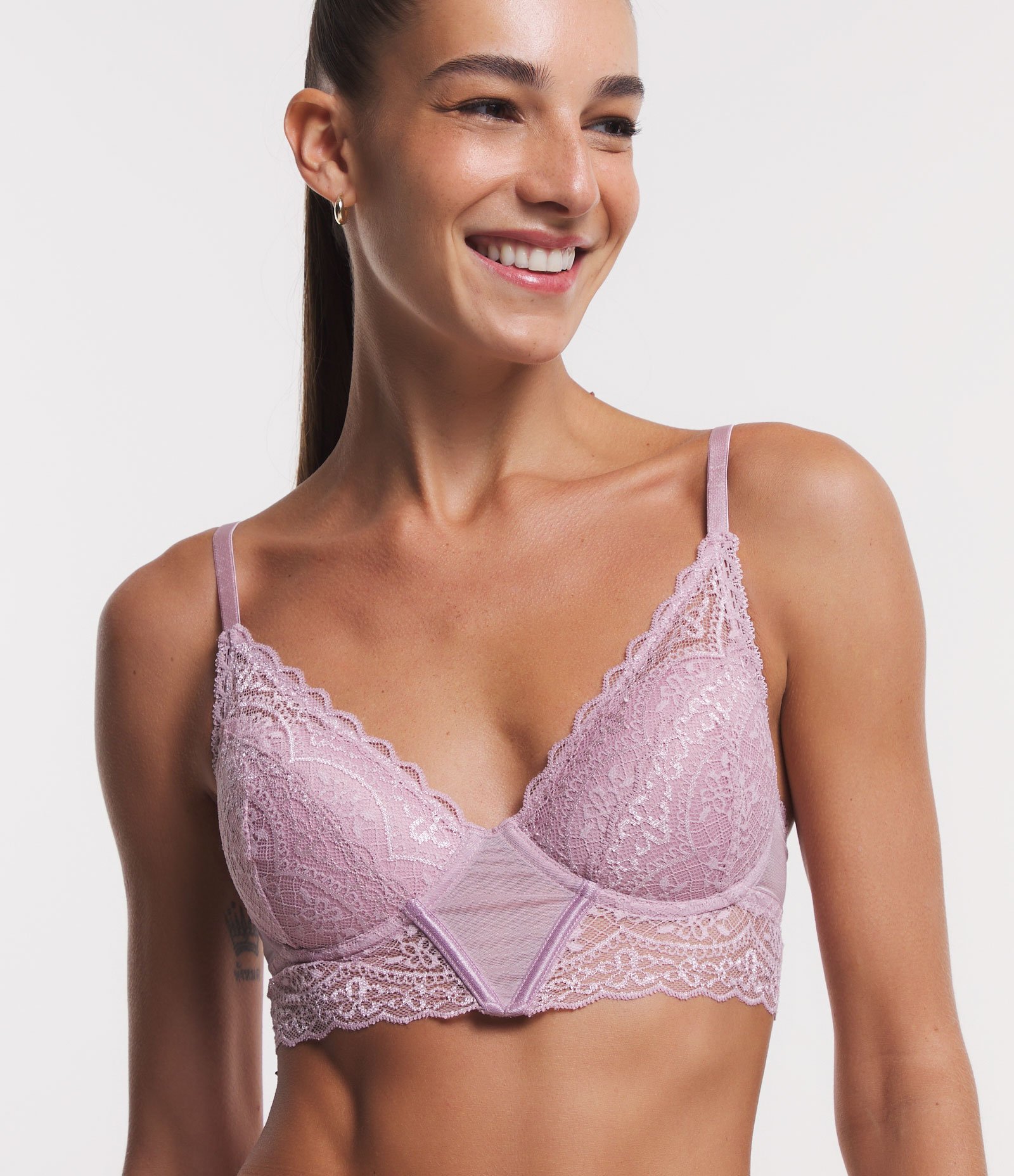 Sutiã Alongado em Renda Floral com Bojo e Detalhes em Tule Lilás 4