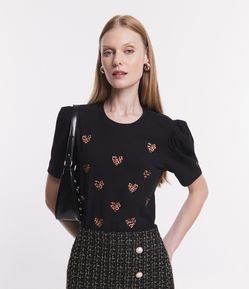 Blusa em Algodão com Corações de Oncinha e Manga Bufante