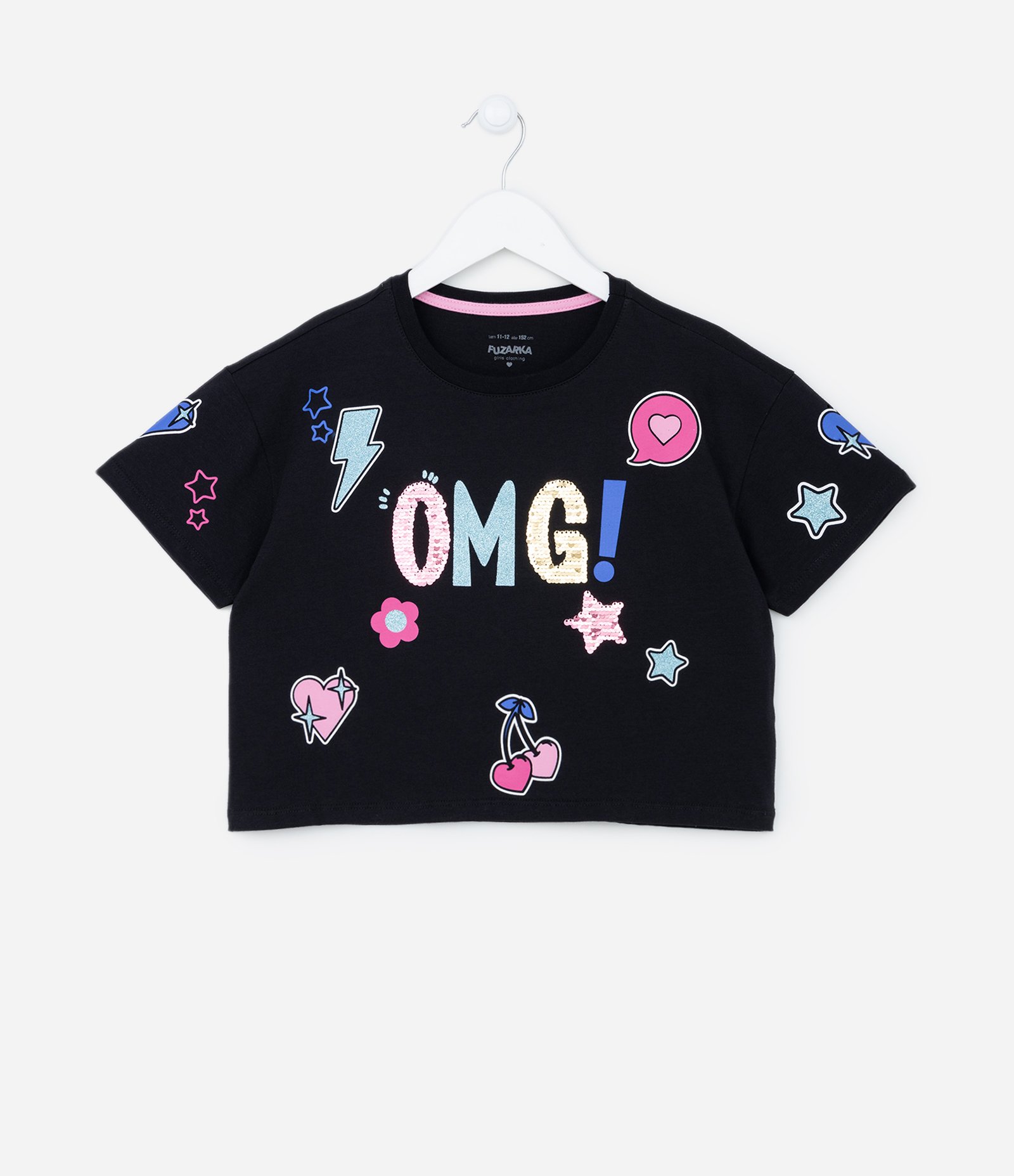 Camiseta Cropped Infantil com Estampa e Paetês - 5 a 14 anos Preto 1