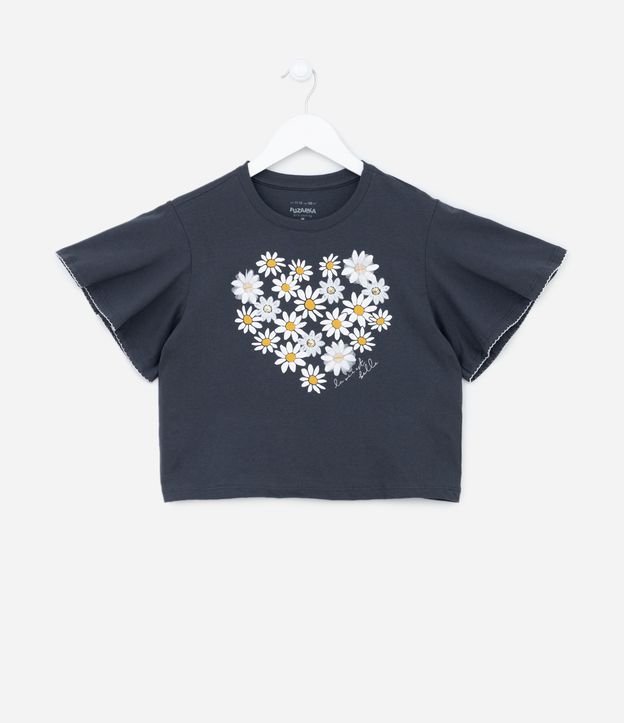 Blusa Manga Curta Infantil com Estampa de Margaridas - Tam 5 a 14 anos