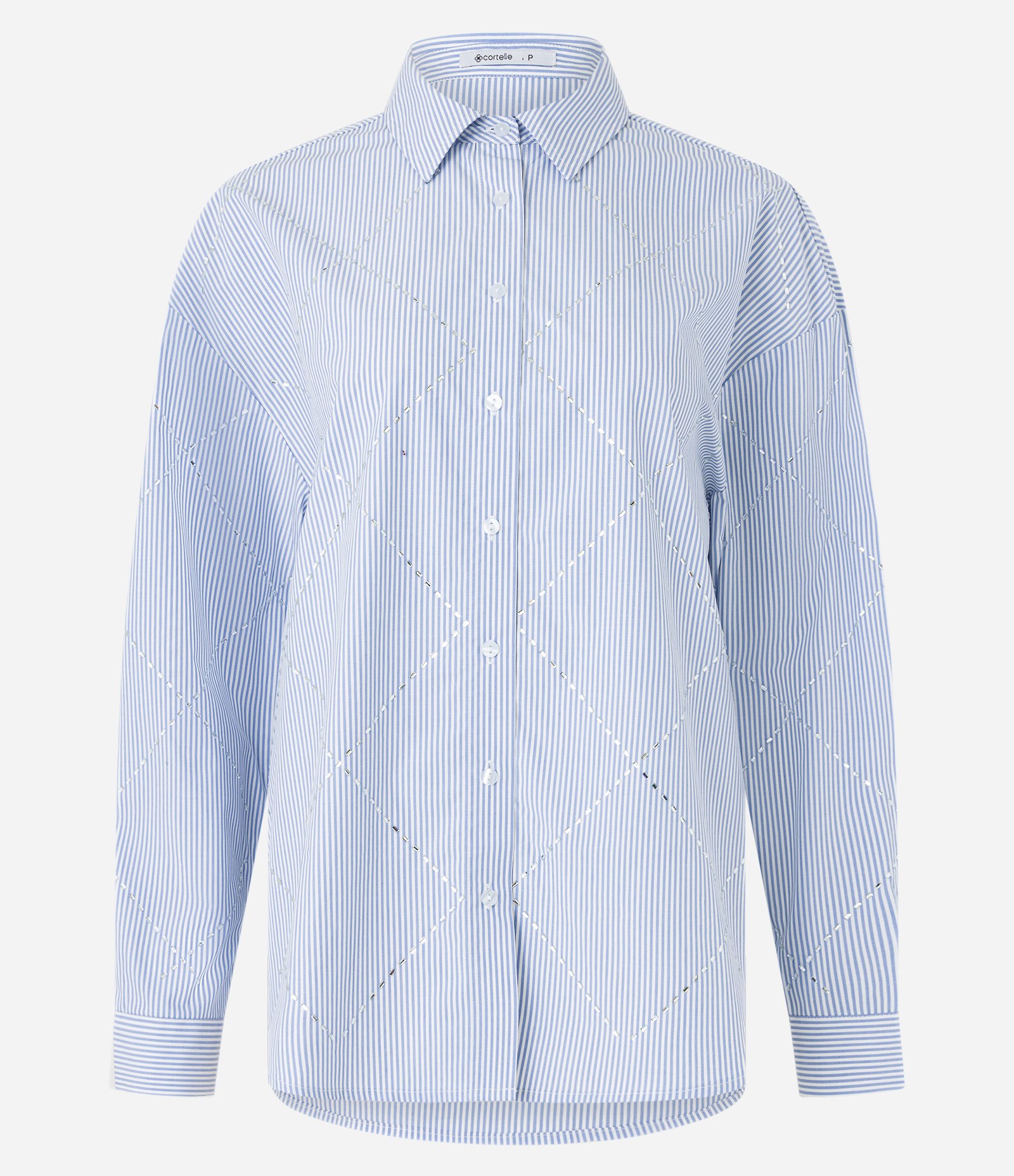 Camisa Alongada em Tricoline com Chattons Aplicados Azul/ Branco 6