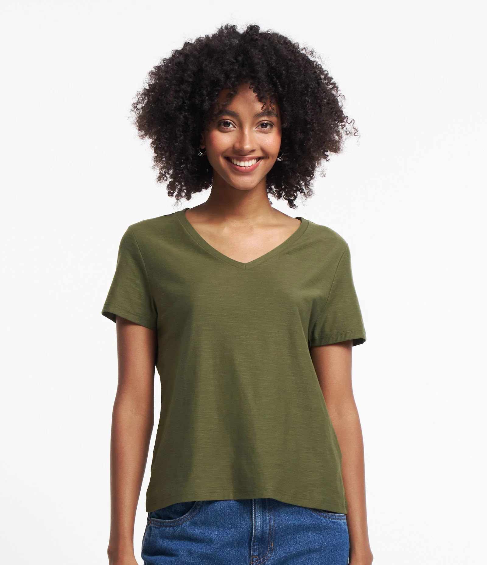 Blusa T-shirt em Algodão Flame com Gola V Verde 1