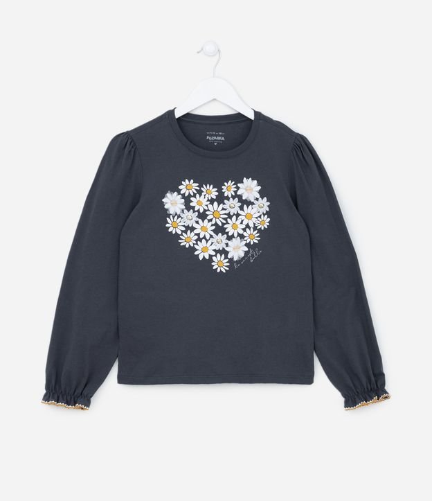 Blusa Manga Longa Infantil com Estampa de Margaridas - Tam 5 a 14 anos