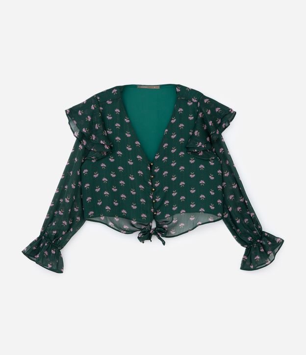 Blusa em Chiffon com Babados e Flores Estampadas Curve & Plus Size Verde 5