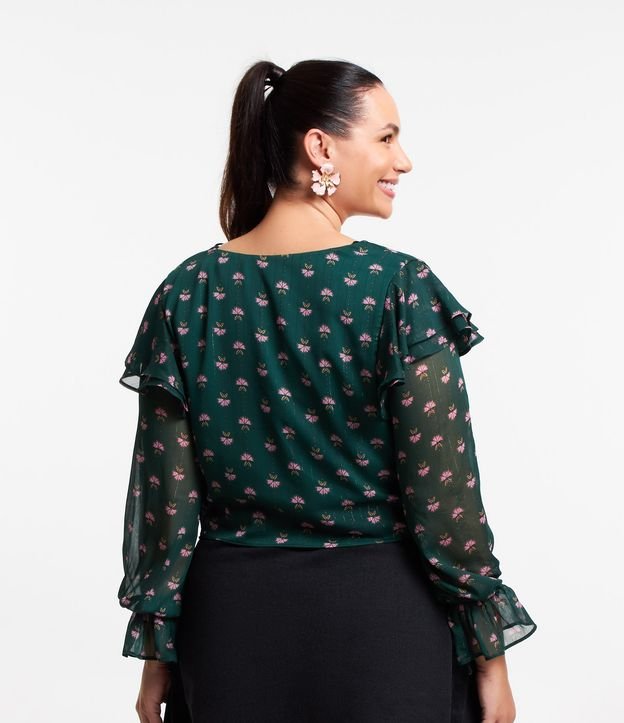 Blusa em Chiffon com Babados e Flores Estampadas Curve & Plus Size Verde 3
