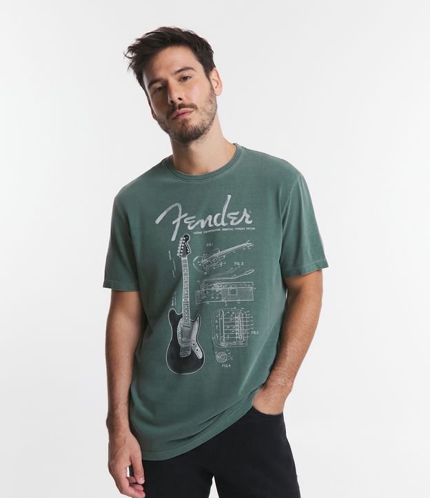Camiseta Manga Curta em Algodão com Estampa Fender Verde 1