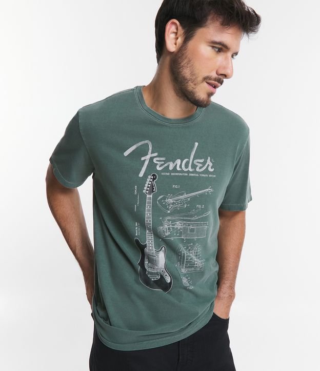 Camiseta Manga Curta em Algodão com Estampa Fender Verde 4
