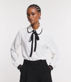 Camisa em Crepe com Gola Boneca e Laço Contrastante