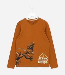 Camiseta Infantil Manga Longa com Estampa de Dinossauro - Tam 5 a 14 anos