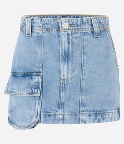 Saia Curta Jeans com Bolsos Carpinteiro e Cargo na Frente
