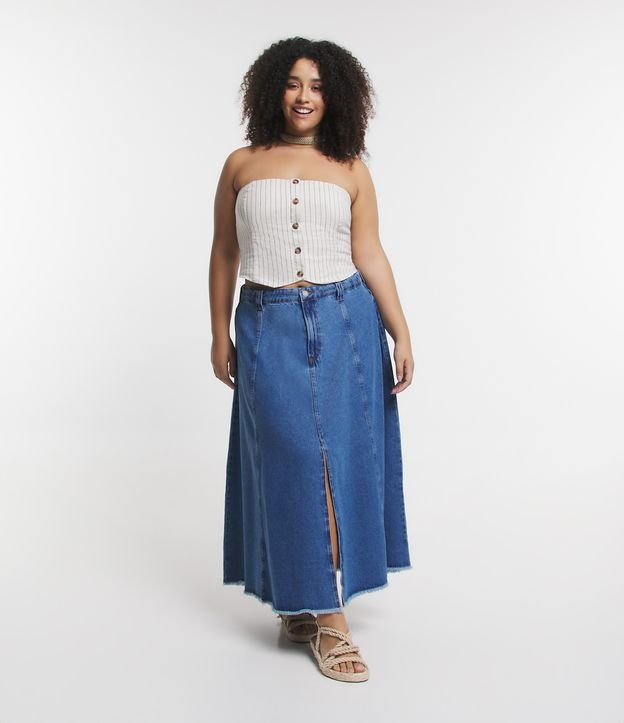 Saia Longa em Jeans com Barra Desfeita Curve & Plus Size Azul 1