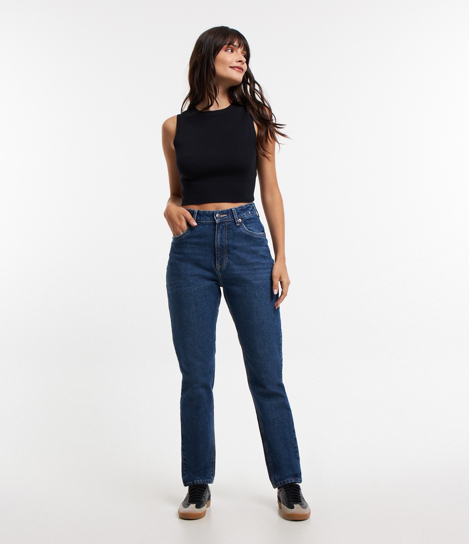 Calça Reta em Jeans com Cintura Alta Azul Escuro 1