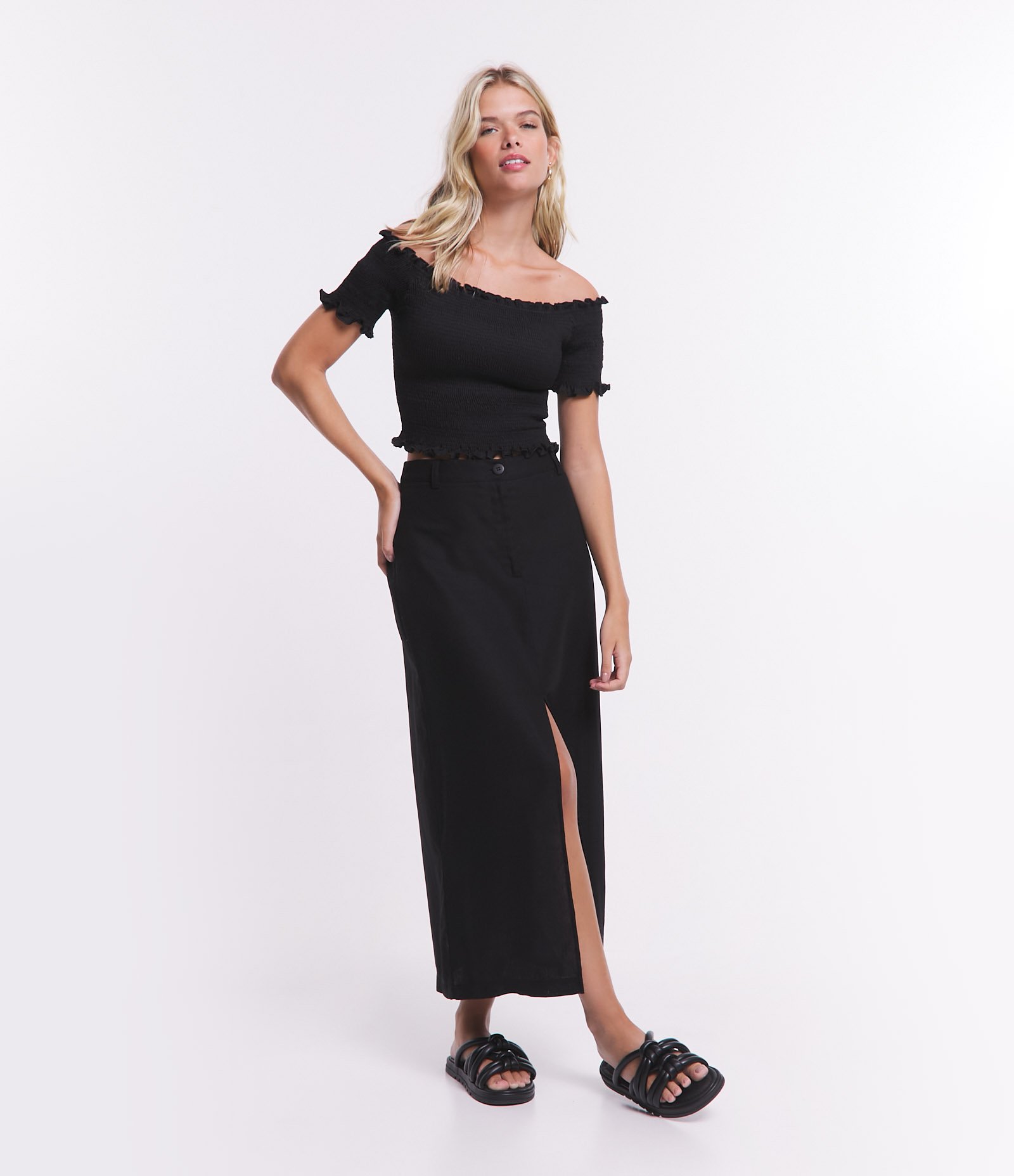 Blusa Texturizada Ombro a Ombro em Lastex Preto 2