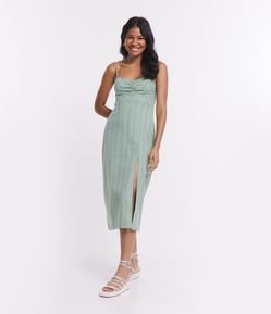 Vestido Midi em Linho com Decote Coração e Listras