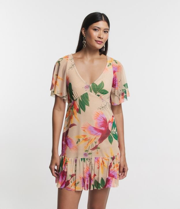 Vestido Curto em Tule Texturizado com Estampa Floral