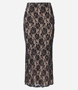 Saia Midi em Renda Floral com Fenda nas Costas