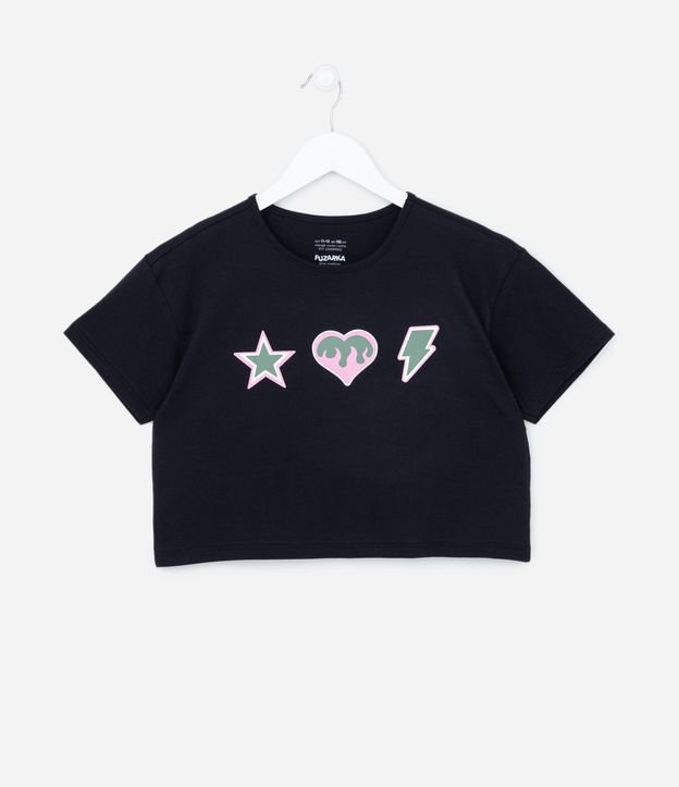 Camiseta Cropped Infantil com Estampa Estrela Coração e Raio - Tam 5 A 14