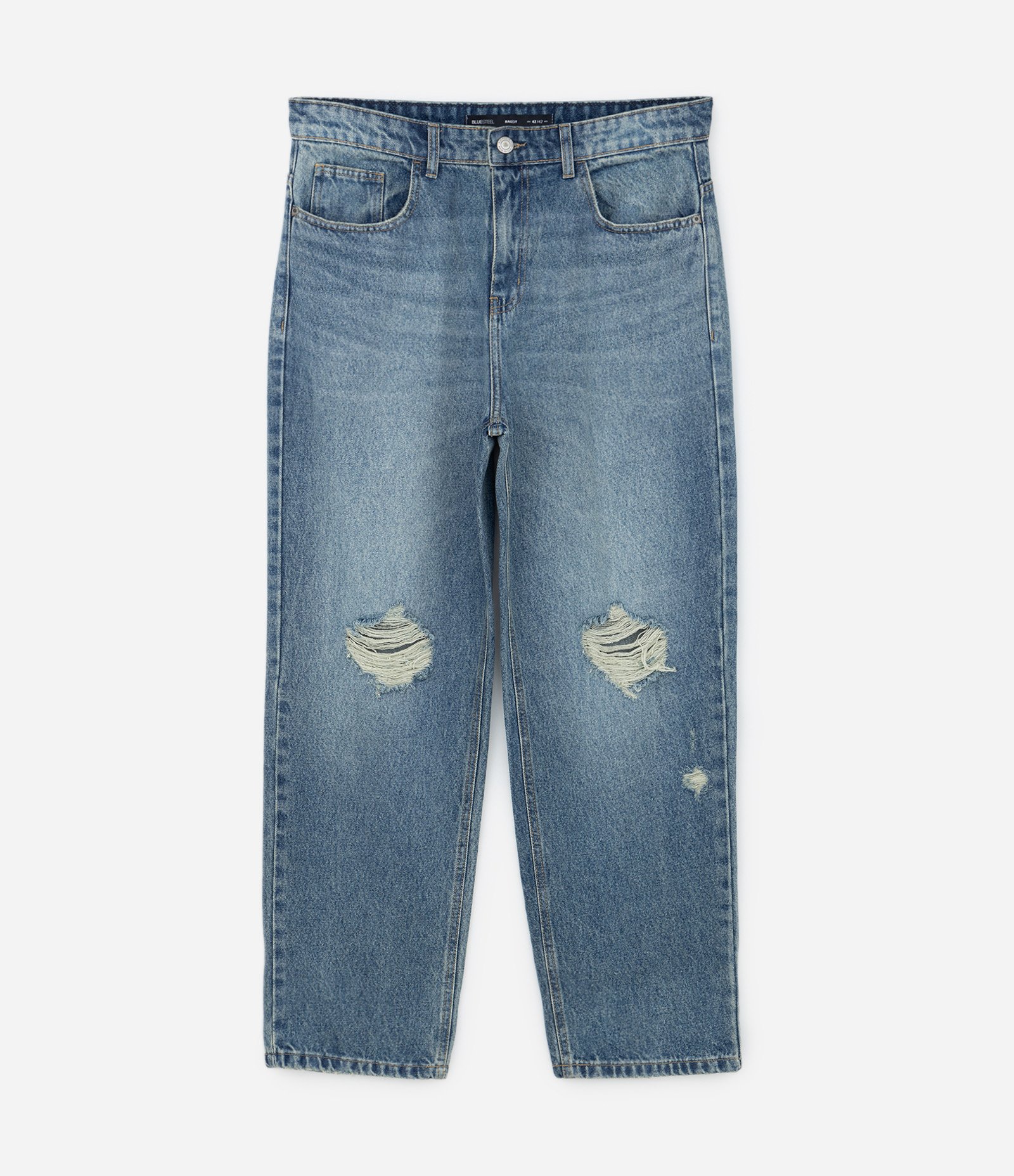 Calça Baggy em Jeans com Puídos e Lavagem Dirty Azul 5