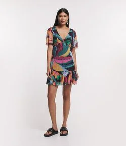 Vestido Curto Manga Evasê em Tule com Folhagens Estampadas