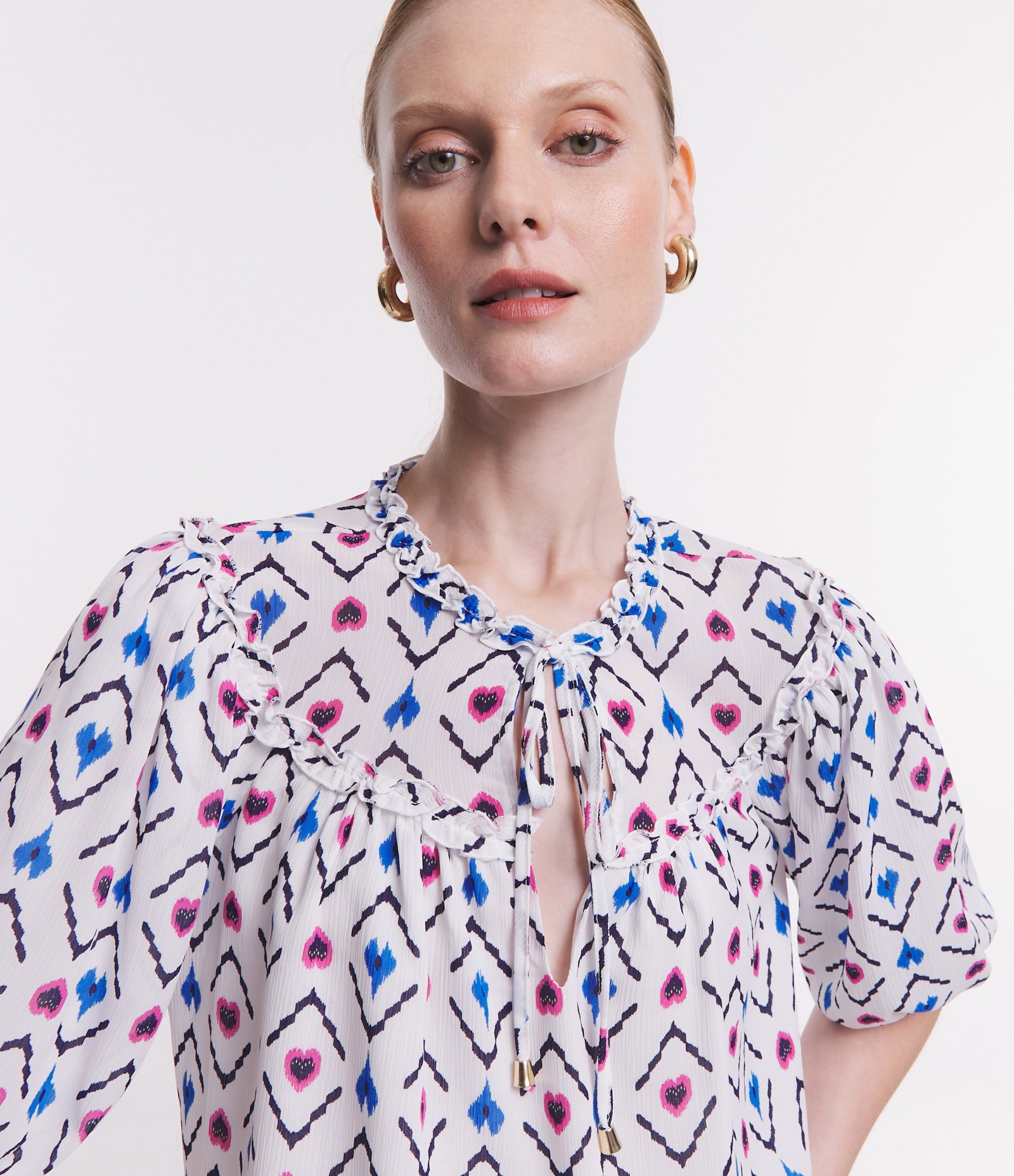 Blusa Manga Bufante em Chiffon com Estampa Étnica Off White 5