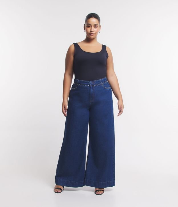 Calça Pantalona em Jeans com Tachinhas Curve & Plus Size Azul 1