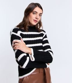 Suéter em Tricô com Textura Canelada e Estampa Listras