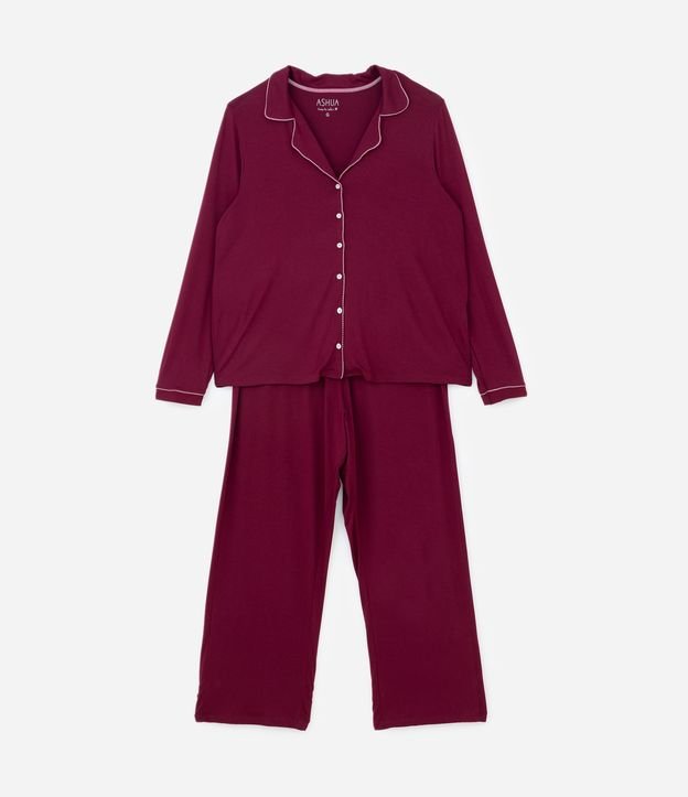 Pijama Americano Longo em Viscose com Contraste Curve & Plus Vermelho Vinho 5