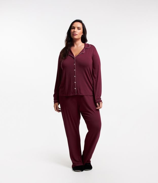 Pijama Americano Longo em Viscose com Contraste Curve & Plus Vermelho Vinho 1