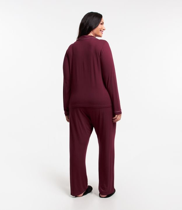 Pijama Americano Longo em Viscose com Contraste Curve & Plus Vermelho Vinho 3