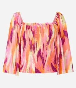 Blusa em Tule com Manga Gode Detalhe Lastex e Estampa Abstrata