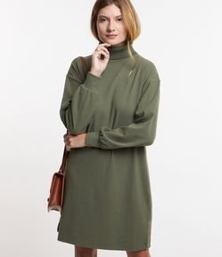 Vestido em Suedine com Gola Alta e Punho Ajustado