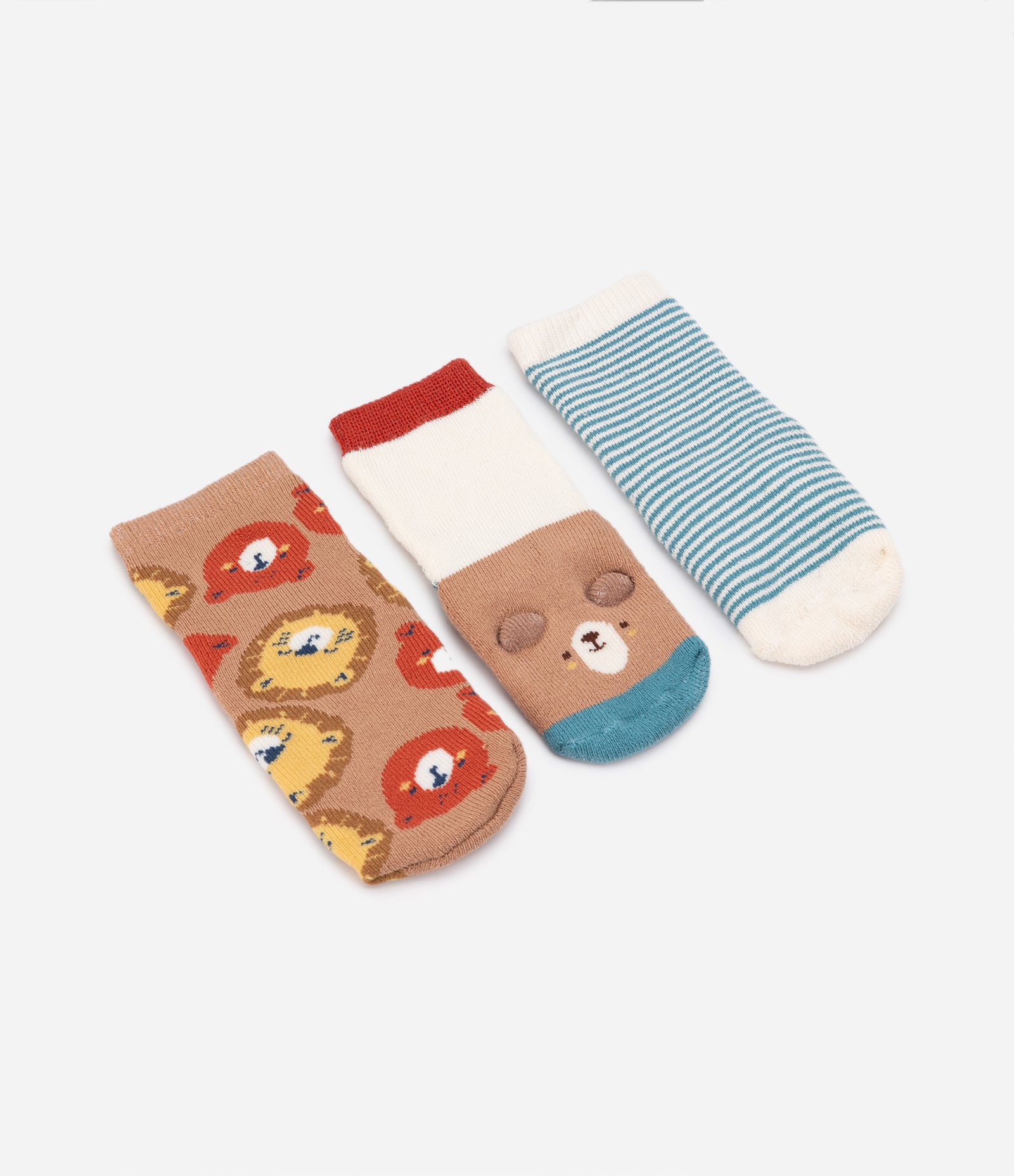 Kit 03 Meias em Algodão com Estampa de Bichinhos -  0 a 12 meses Marrom/Bege 1