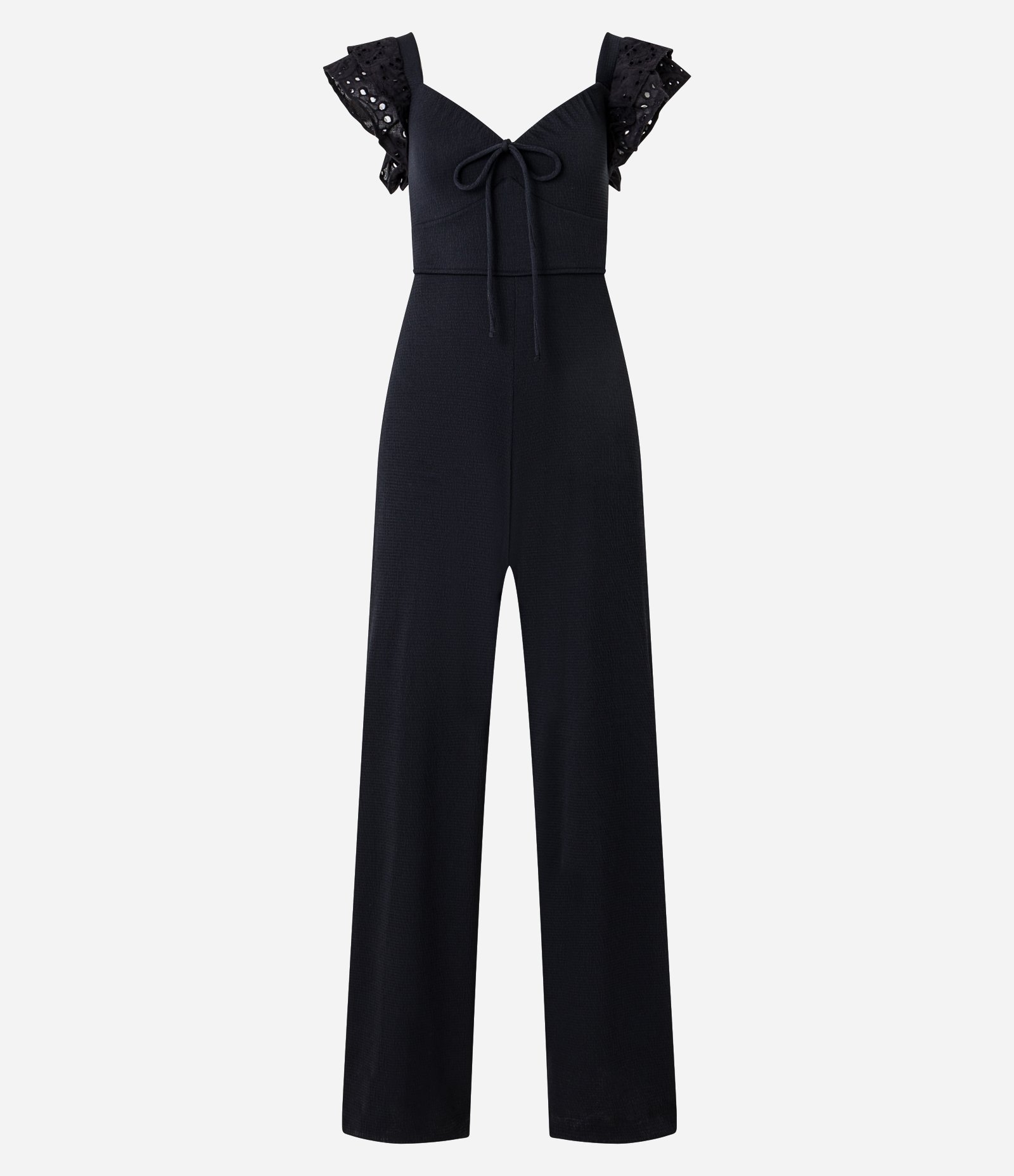 Macacão Sem Manga Texturizado com Babado de Laise no Ombro Preto 5