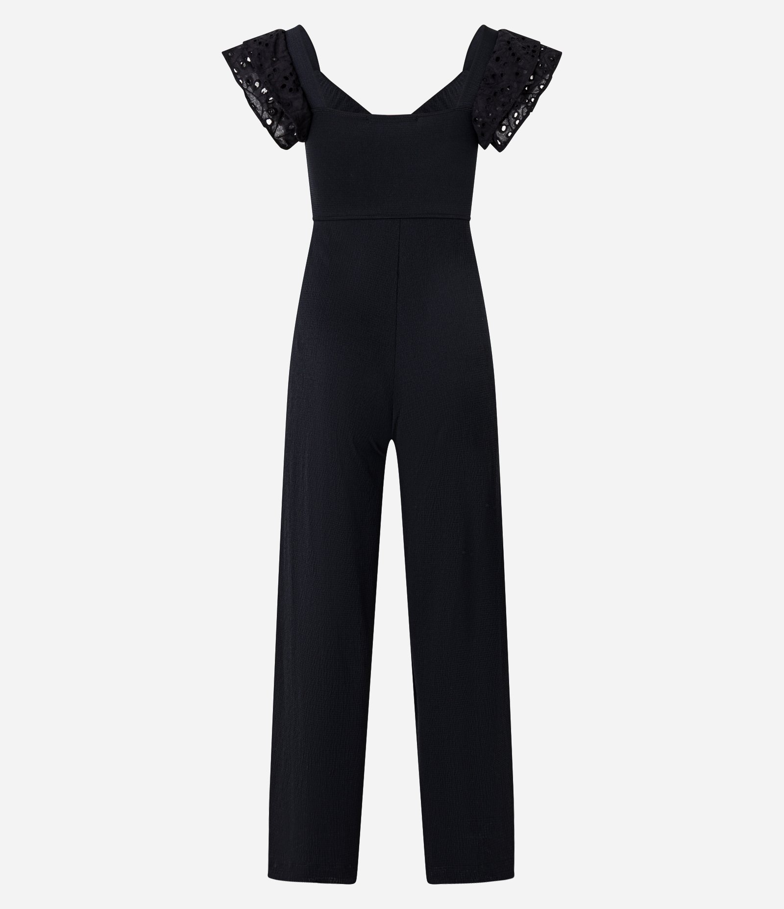 Macacão Sem Manga Texturizado com Babado de Laise no Ombro Preto 7