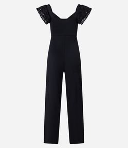 Macacão Sem Manga Texturizado com Babado de Laise no Ombro