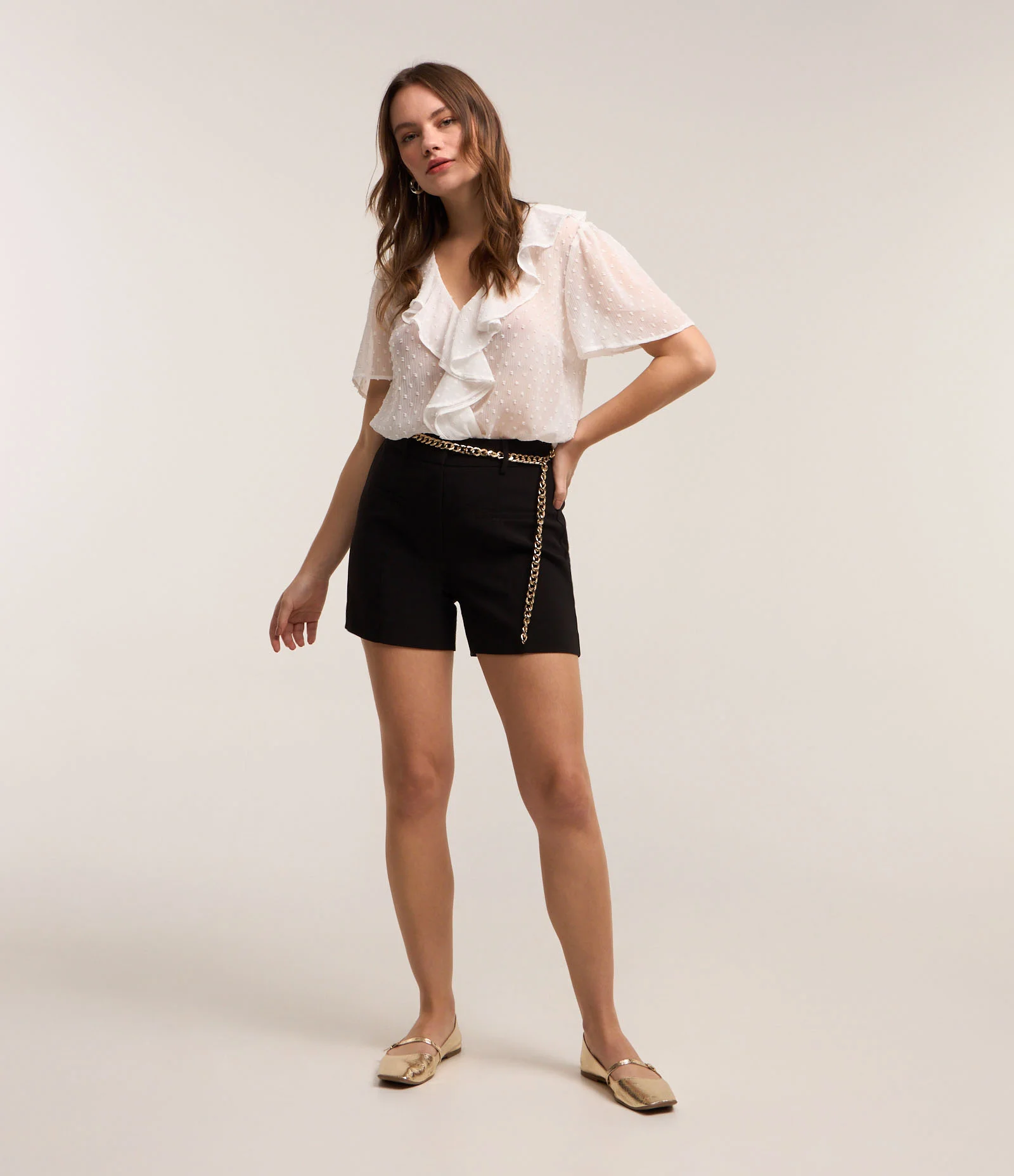 Blusa em Chiffon Maquinetado com Babado Jabô Branco Neve 2