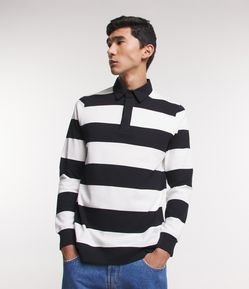 Camiseta Polo em Algodão com Manga Longa e Estampa Listrada