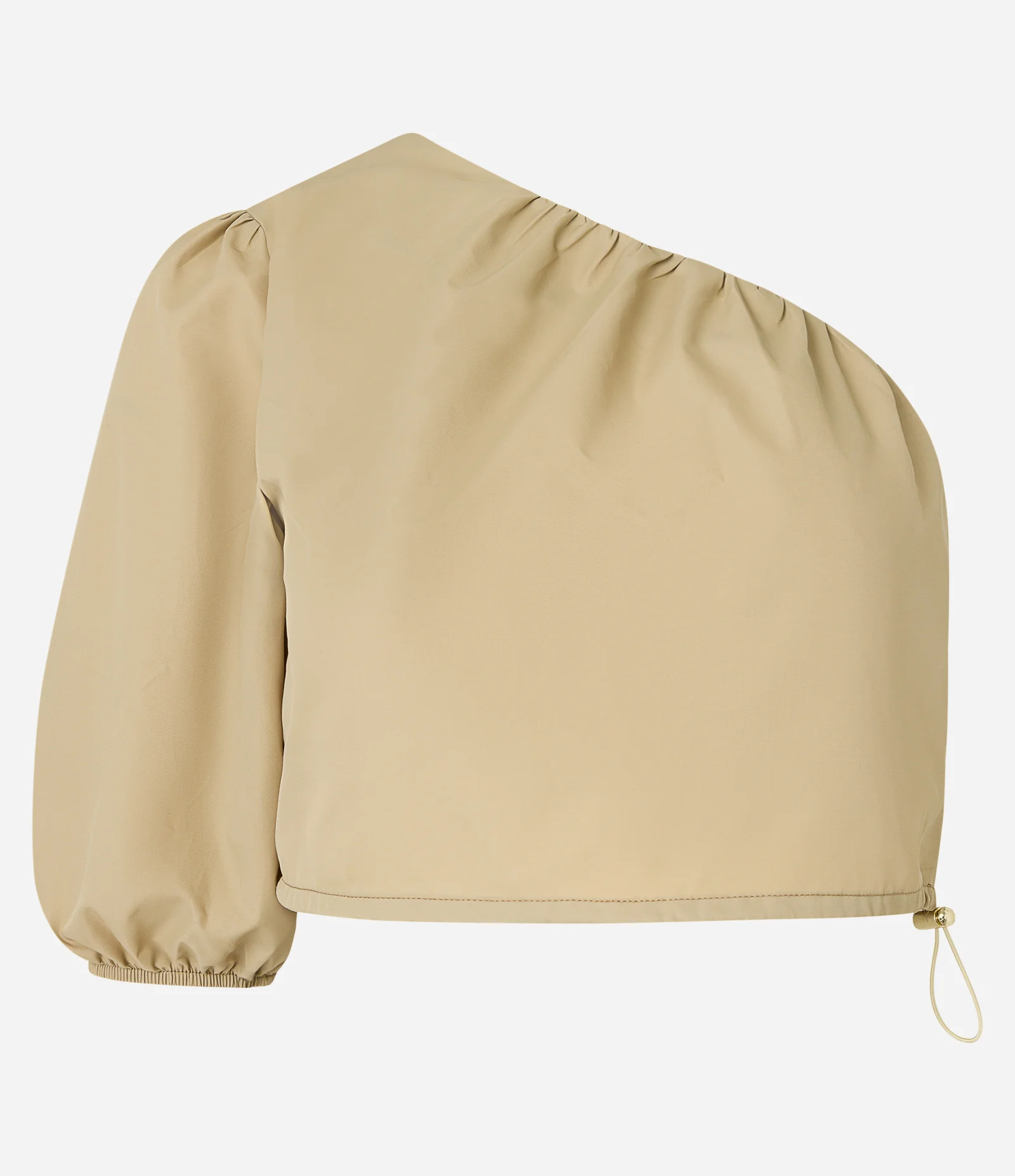 Blusa Cropped Alfaiatada com Ombro Único e Manga Bufante Bege 1