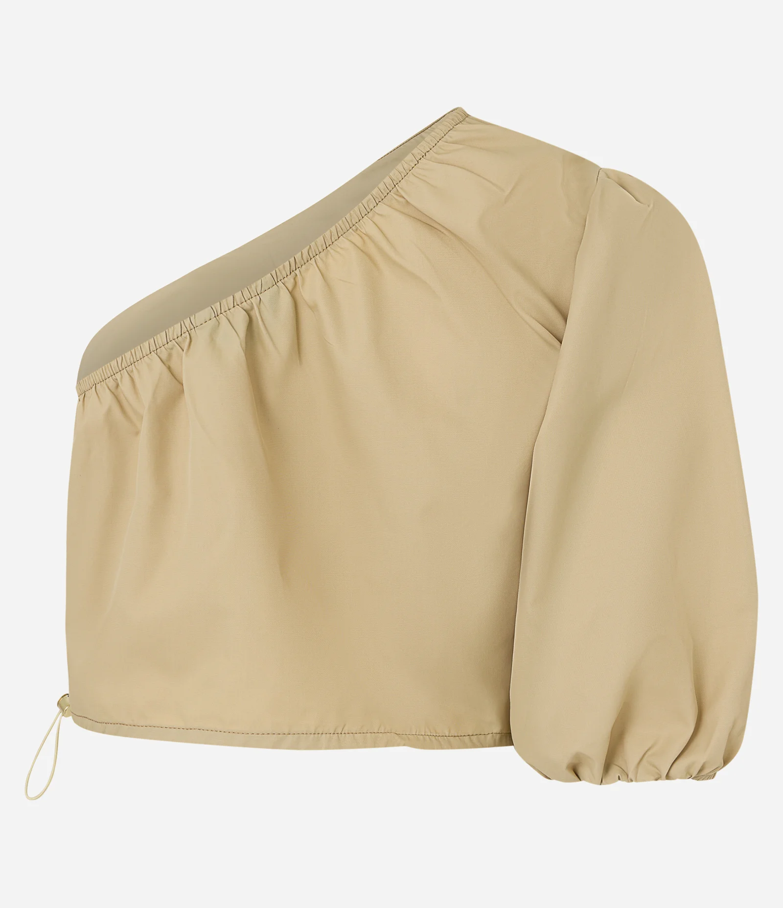 Blusa Cropped Alfaiatada com Ombro Único e Manga Bufante Bege 2