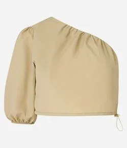 Blusa Cropped Alfaiatada com Ombro Único e Manga Bufante