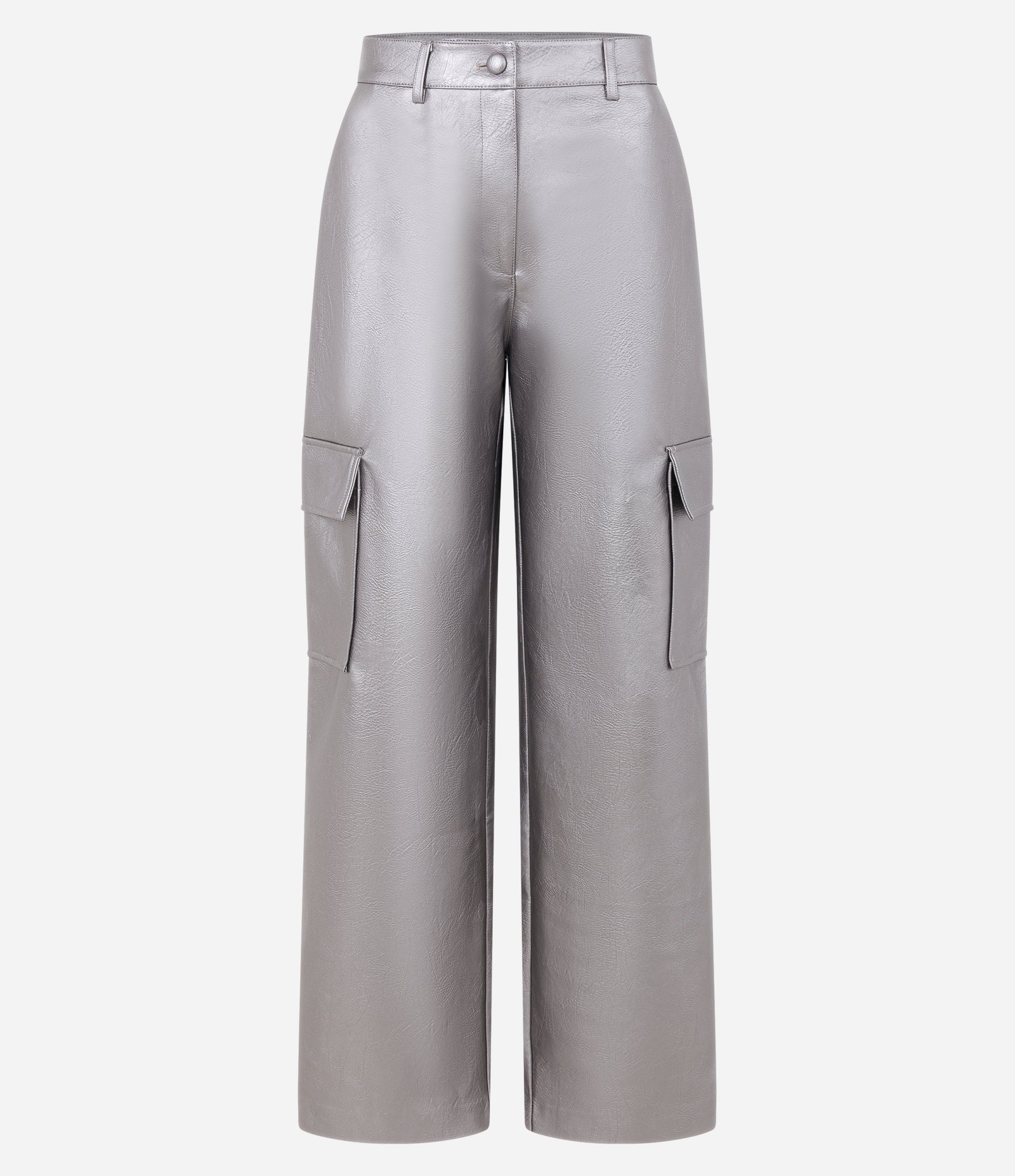 Calça Reta em Material Sintético com Bolso Lateral e Superfície Metalizada Cinza 6