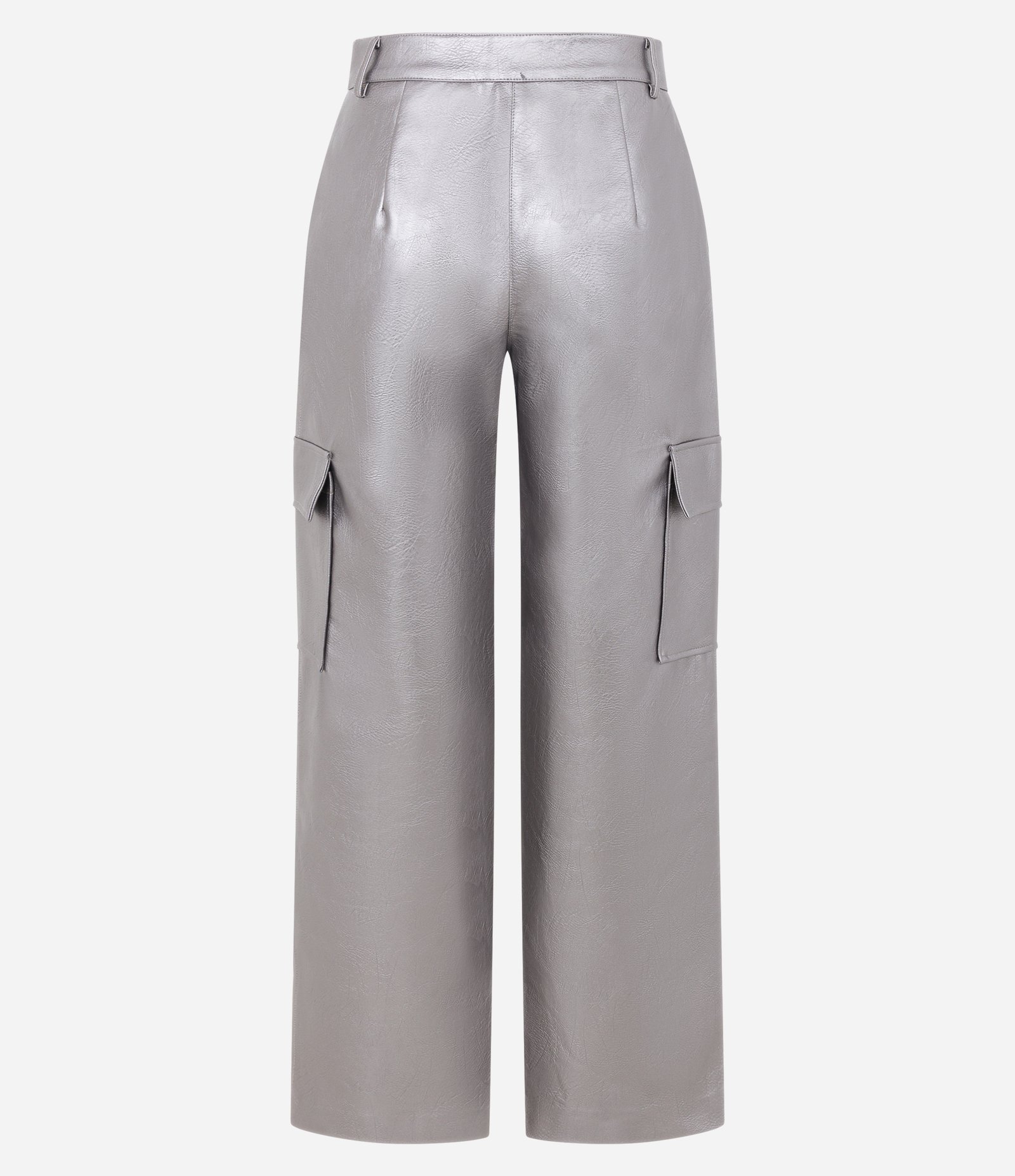 Calça Reta em Material Sintético com Bolso Lateral e Superfície Metalizada Cinza 8