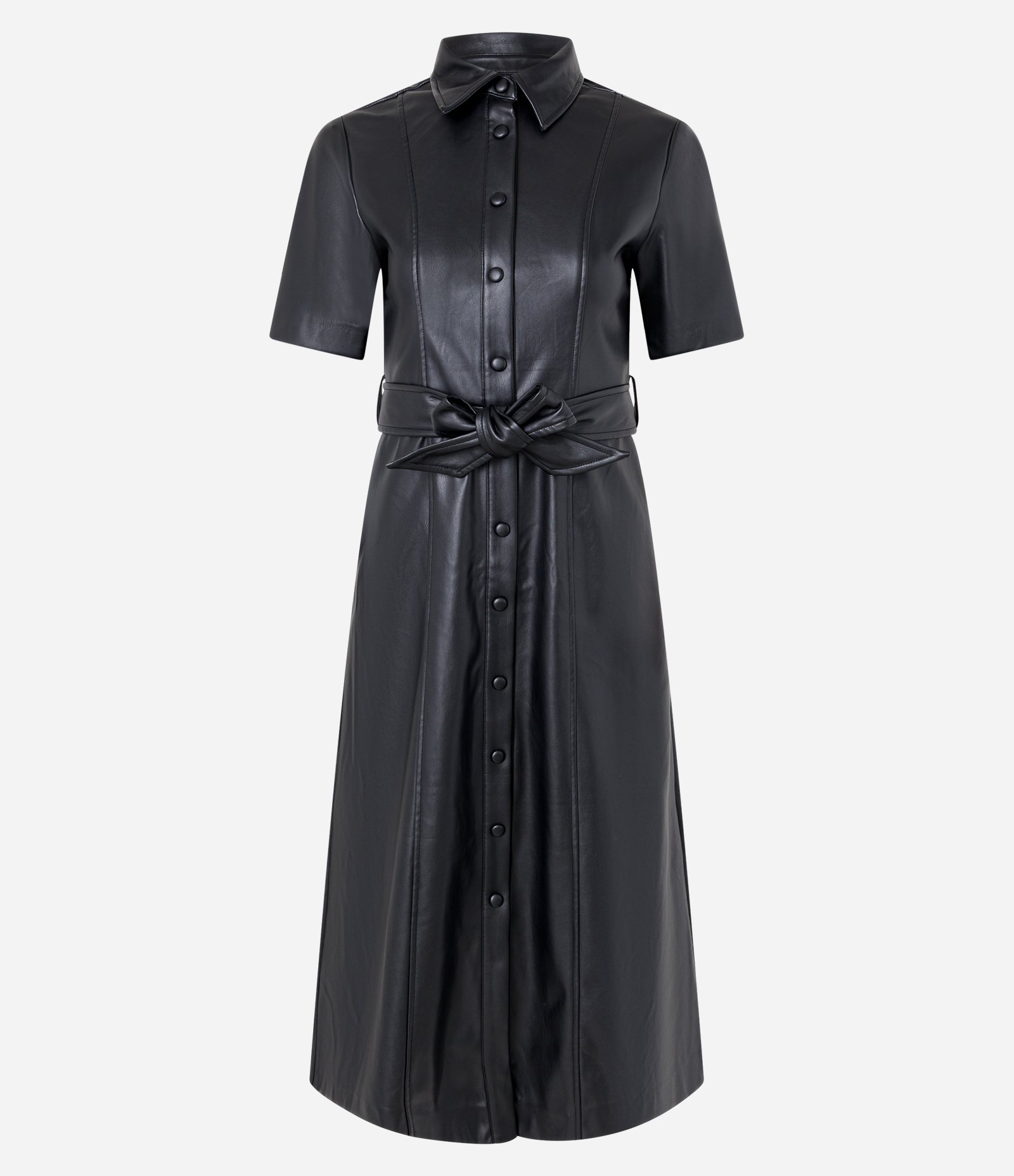Vestido Chemise em PU com Faixa para Amarração Preto 7