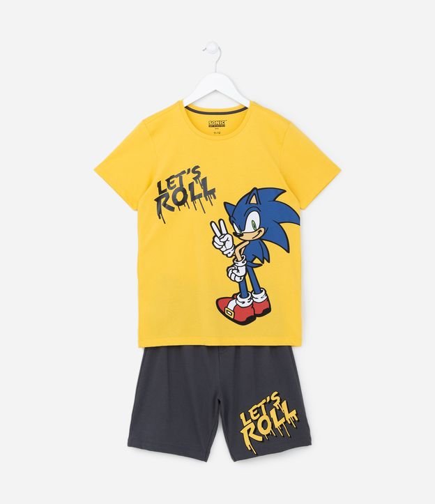 Pijama Curto Infantil em Meia Malha com Estampa do Sonic - Tam 5 a 14 anos Amarelo 1
