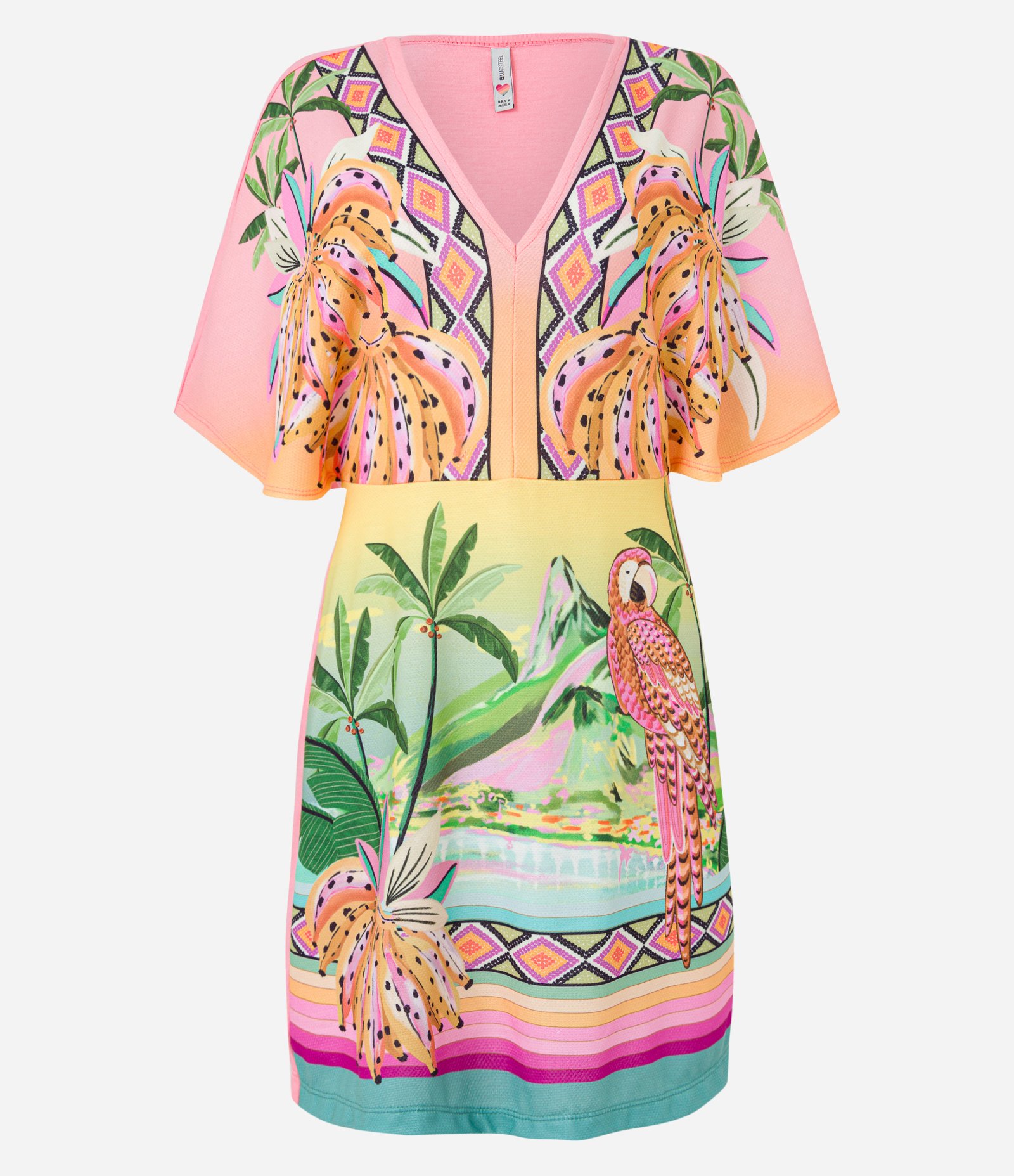 Vestido Curto em Viscose com Estampa Tropical e Mangas Amplas Rosa 5